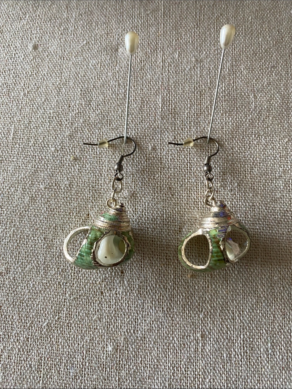 Vintage Cayman Islands Handmade Green Turban Shell Dangle Earrings Coastal Boho